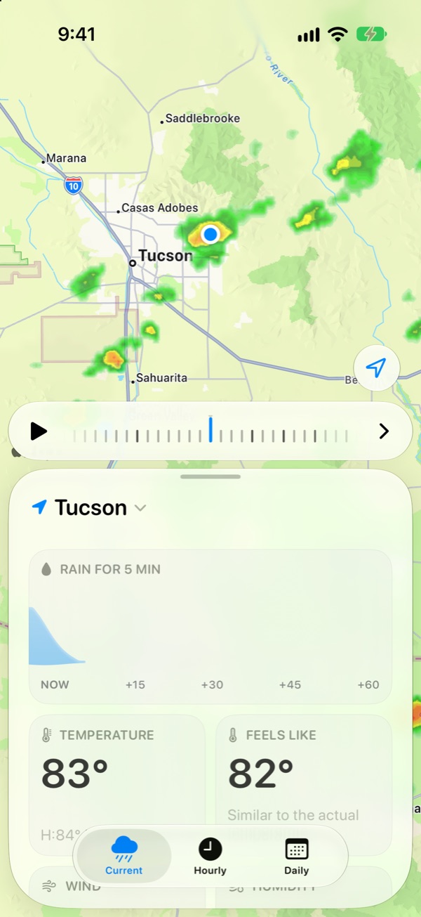 Check the Weather in Tucson, Arizona: storms on the radar map, the radar timeline, and the next hour's rain above the current conditions