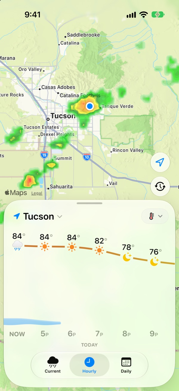 The hourly forecast graph for Tucson, with rain drawn as water along the bottom
