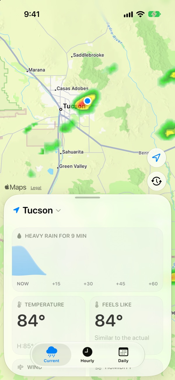 The next hour's rain in Tucson: heavy rain for 9 minutes