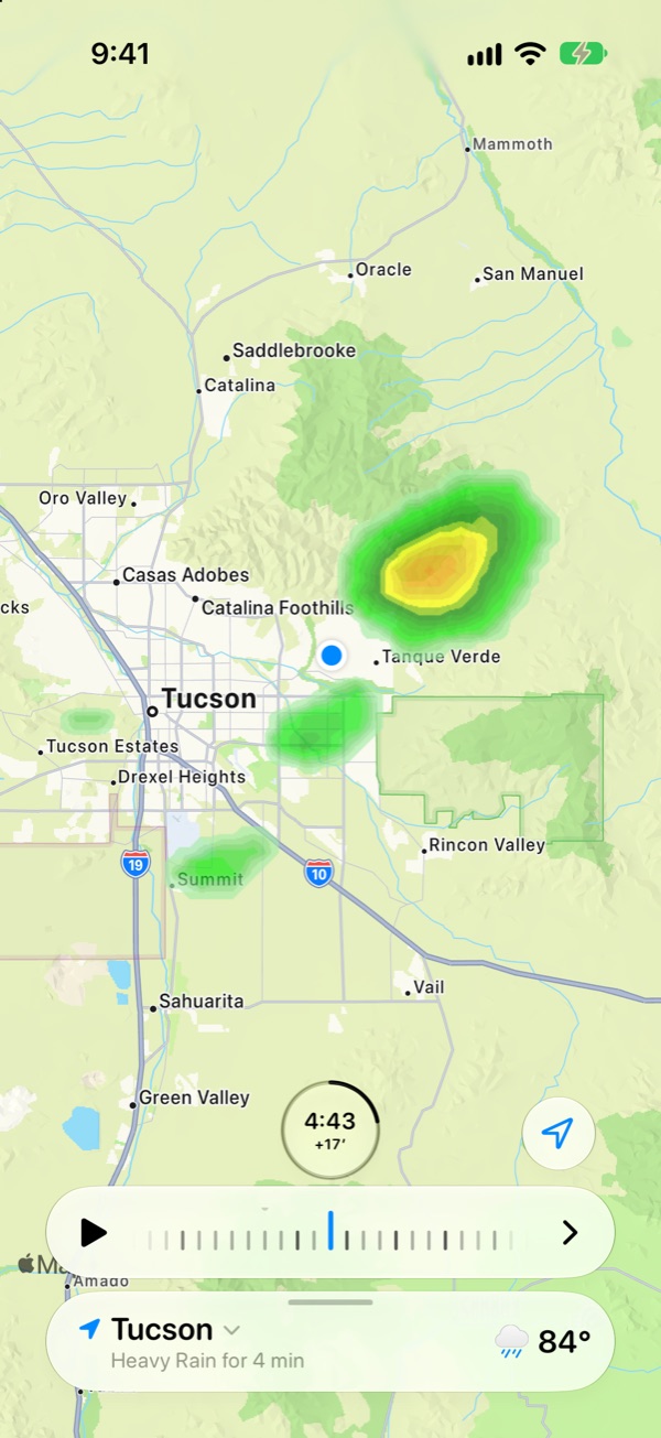 The radar forecast about 20 minutes ahead, showing the storm moving northeast of Tucson
